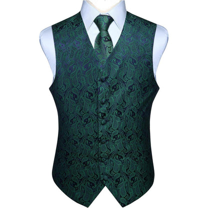 Herren Weste Krawatte Einstecktuch Set Paisley Floral Jacquard Grün 3XL