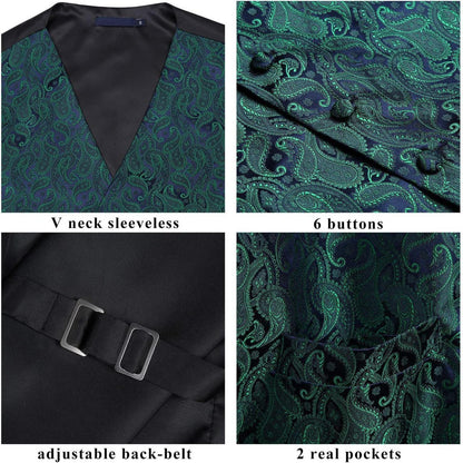 Herren Weste Krawatte Einstecktuch Set Paisley Floral Jacquard Grün 3XL