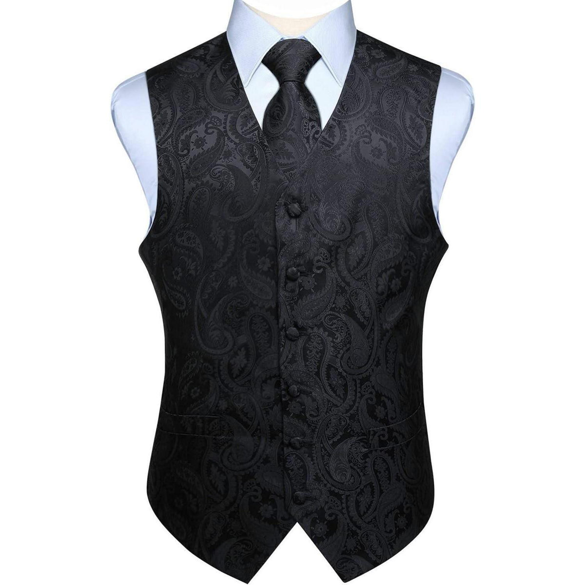 Herren Weste Krawatte Einstecktuch Set Paisley Jacquard Schwarz