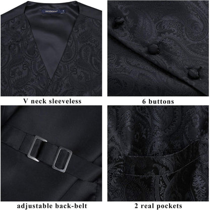 Herren Weste Krawatte Einstecktuch Set Paisley Jacquard Schwarz