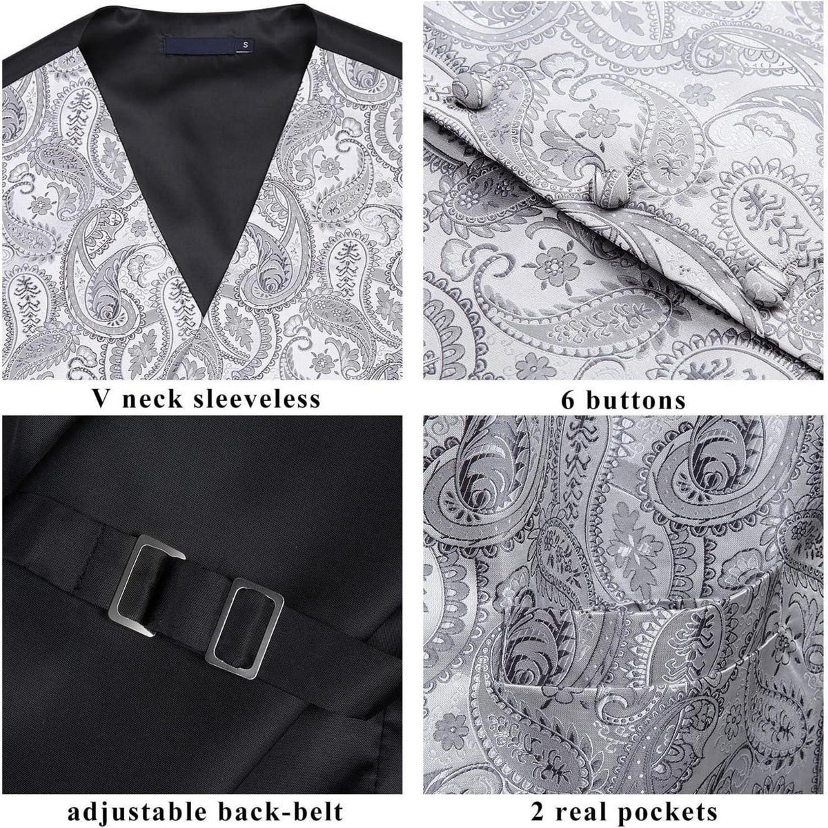 Herren Weste Krawatte Einstecktuch Set Paisley Floral Jacquard Grau 4XL