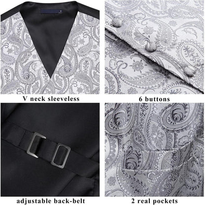 Herren Weste Krawatte Einstecktuch Set Paisley Floral Jacquard Grau 4XL