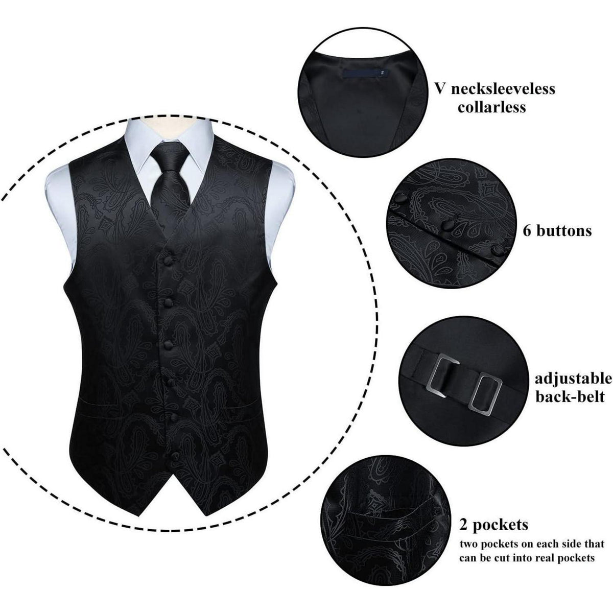 Herren Weste Krawatte Einstecktuch Set Paisley Floral Jacquard Gold