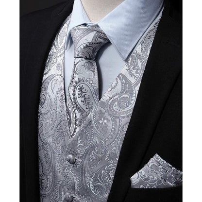 Herren Weste Krawatte Einstecktuch Set Paisley Floral Jacquard Grau
