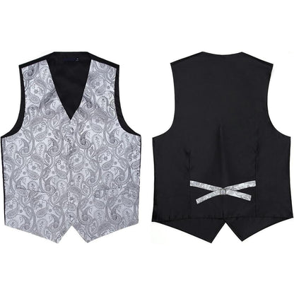 Herren Weste Krawatte Einstecktuch Set Paisley Floral Jacquard Grau