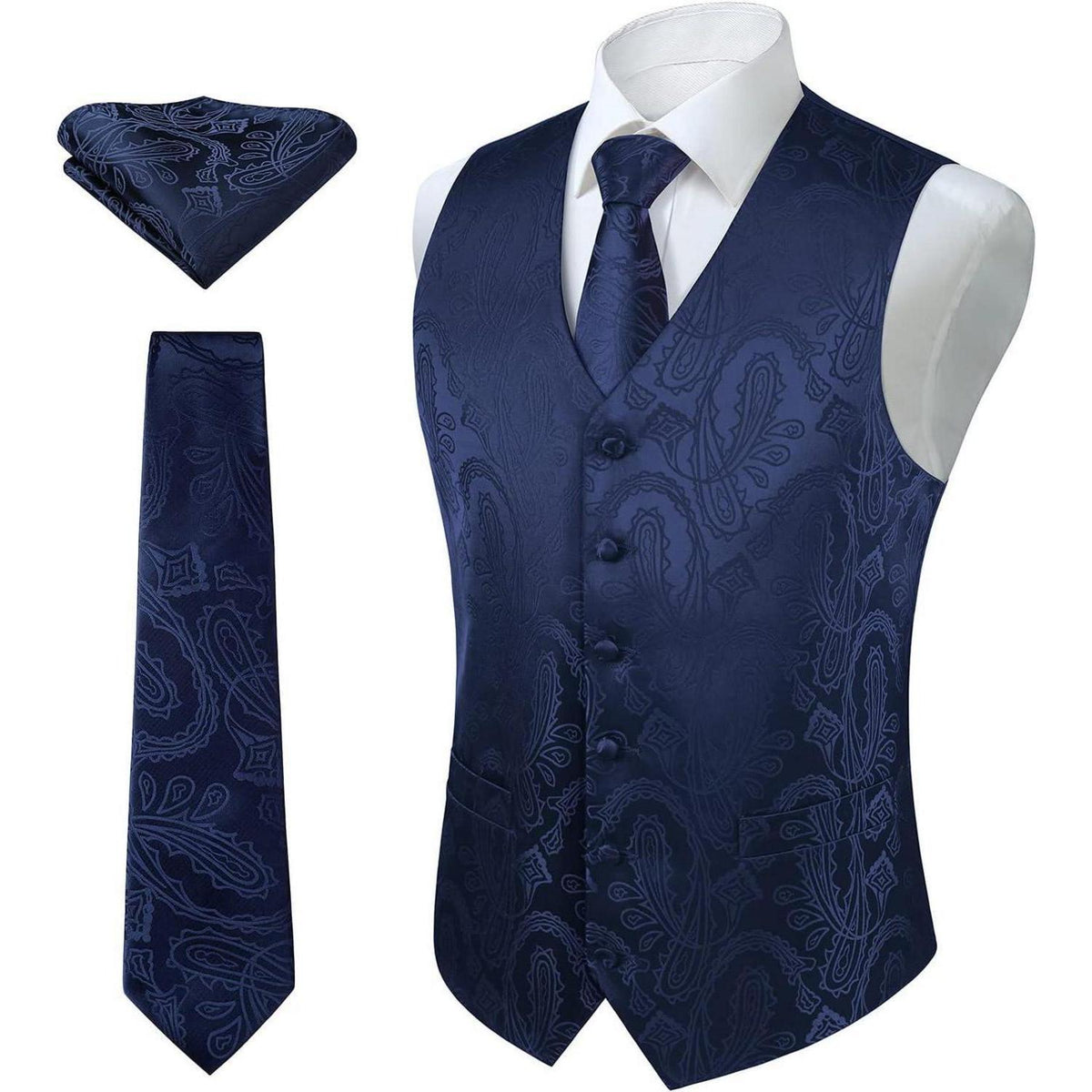 Herren Weste Krawatte Einstecktuch Set Paisley Floral Jacquard Blau
