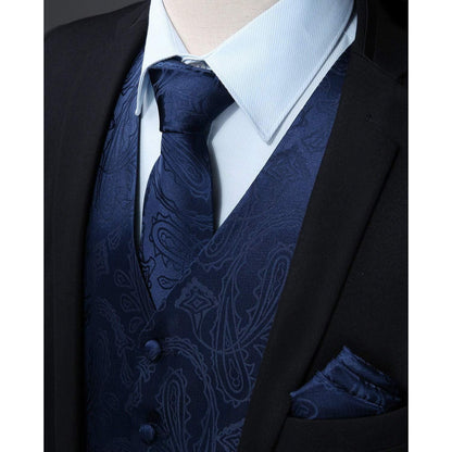 Herren Weste Krawatte Einstecktuch Set Paisley Floral Jacquard Blau