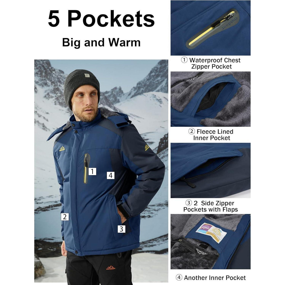 Herren Fleecejacke Winter Warm Gefüttert Skijacke Blau