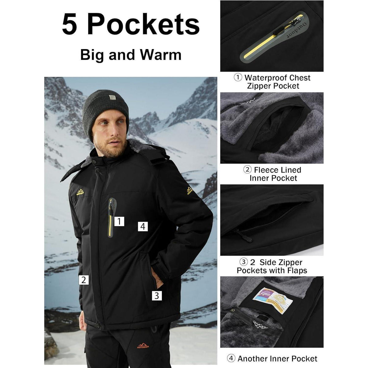Herren Winterjacke warm gefüttert winddicht wasserdicht Dunkles-Schwarz XXL