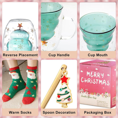 Doppelwandiger Glas Kaffeebecher Weihnachtsbaum Isolierbecher 300 ml Grün