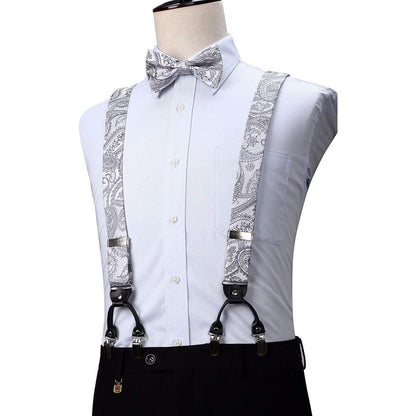 Herren Hosenträger Set mit Fliege & Einstecktuch, Grau Paisley