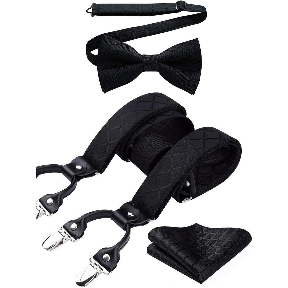 Herren Hosenträger Set mit Fliege und Einstecktuch, 3,5cm, 6 Clips, Schwarz Kariert