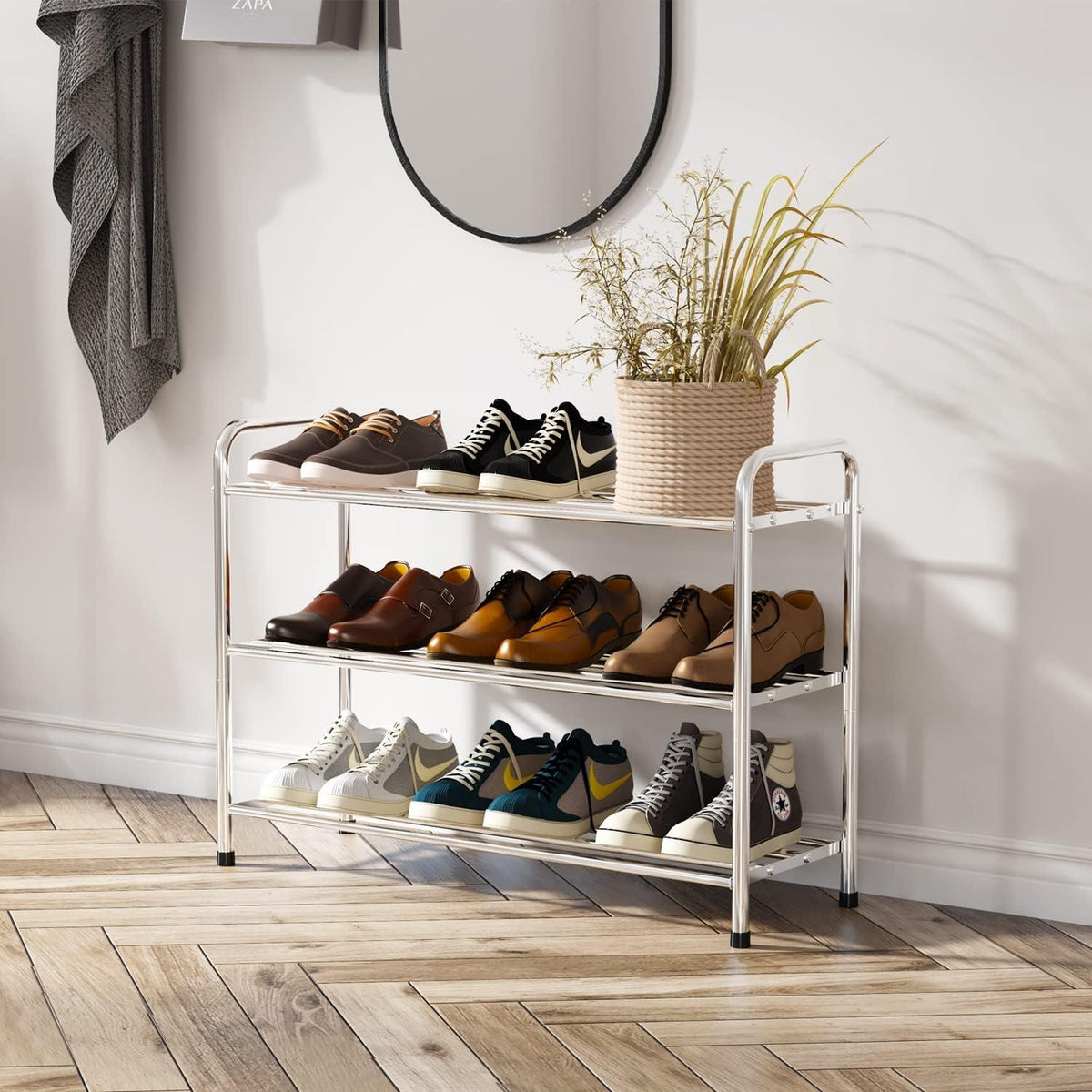 Schuhregal Edelstahl 3 Ebenen für 9-12 Paar Schuhe 68x26x55cm
