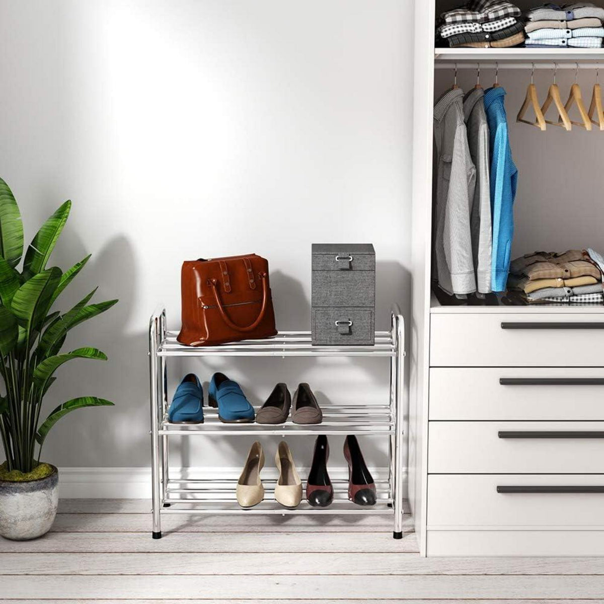 Schuhregal Edelstahl 3 Ebenen Organizer für 9-12 Paar Schuhe 68x26x55