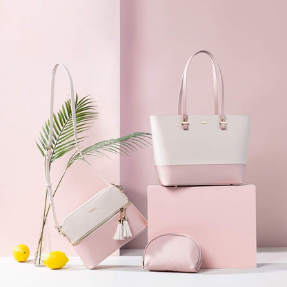 Damen Handtasche Schultertasche 3-teilig Kunstleder Set große Henkeltasche