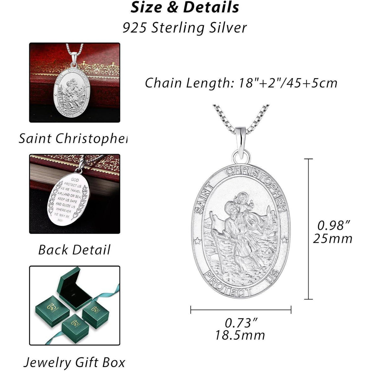 Heiliger Christophorus Kette Oval 925 Sterling Silber 18+2 Zoll