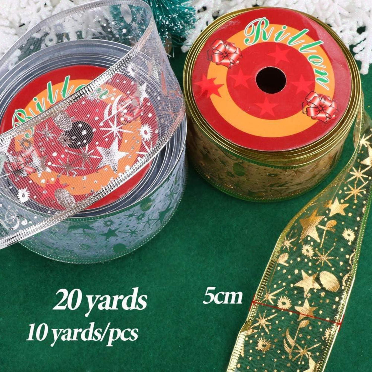 Weihnachtsband 2×10 Yard Glitzer Organzaband Gold Silber DIY