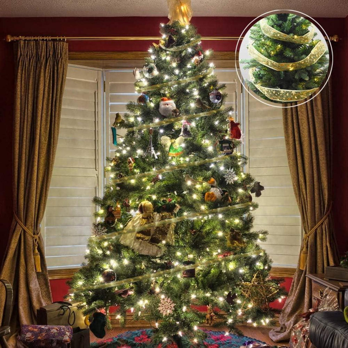 VINFUTUR 2×10 Yard Weihnachtsband mit Draht Glitzer Organzaband Gold Silber