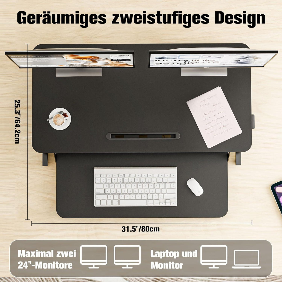 Steh-Sitz Schreibtischaufsatz Höhenverstellbar Schwarz 80x40cm