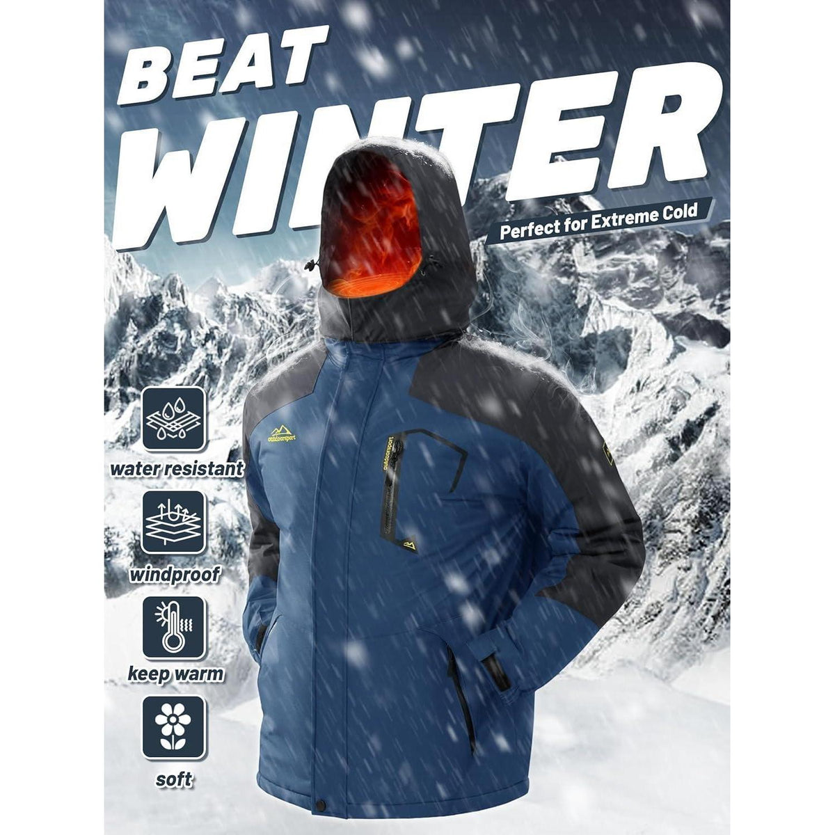 Herren Winterjacke wasserdicht warm gefüttert mit Kapuze XXL Denim Blau