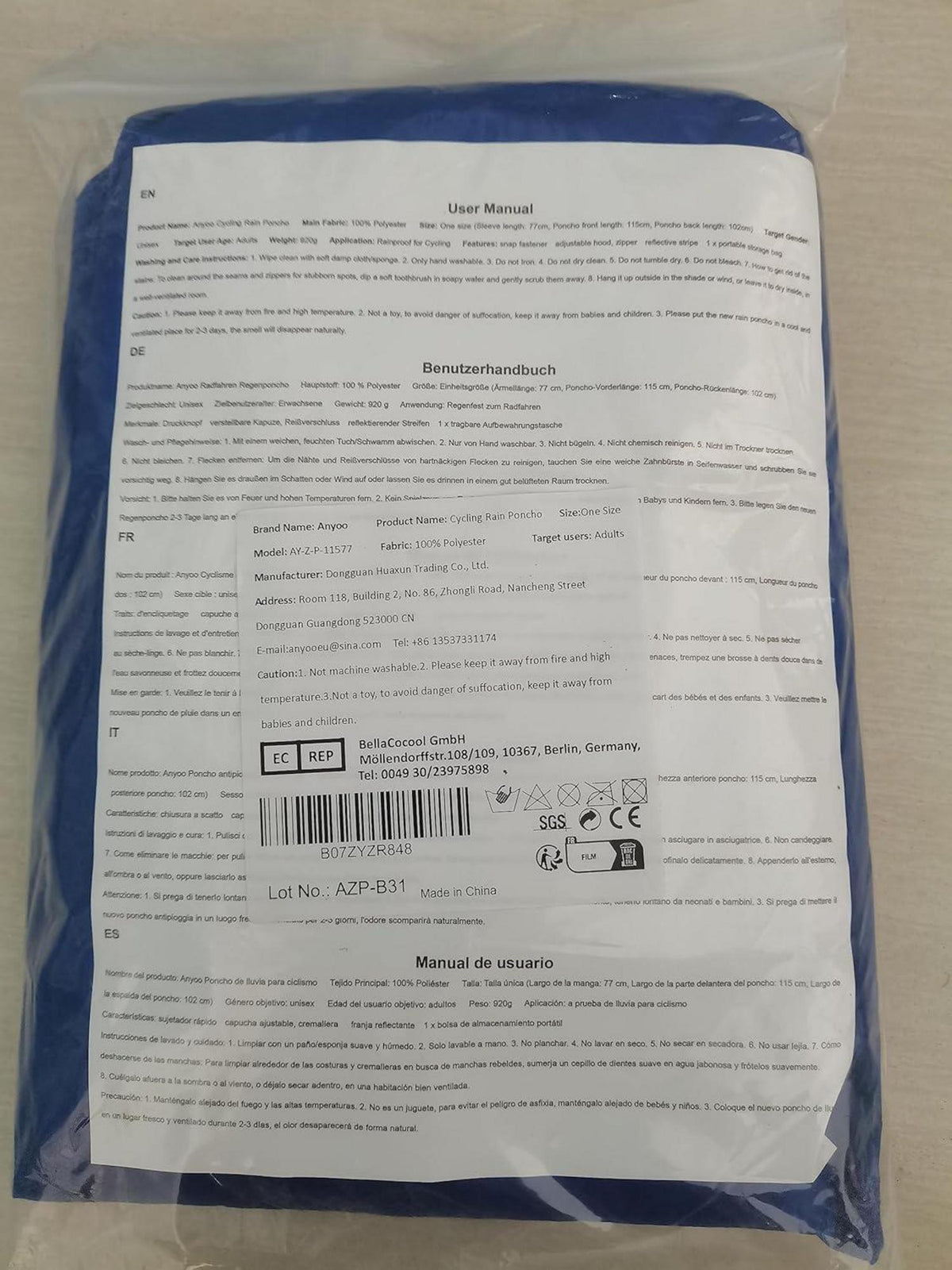 Wasserdichter Rad Poncho Regenjacke Kapuze Fahrrad Compact Cape Blau