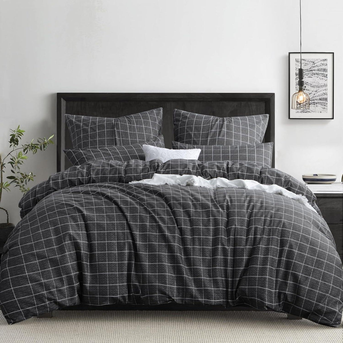 Bettwäsche Set 200x200 Anthrazit mit Gittermuster aus Mikrofaser