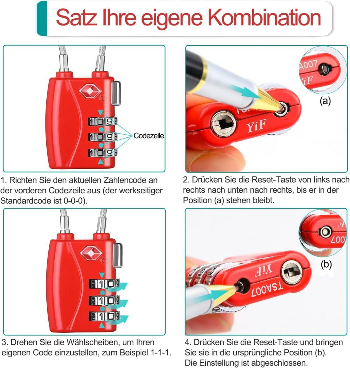 TSA Kofferschloss Zahlenschloss flexibles Kabeldesign Schwarz