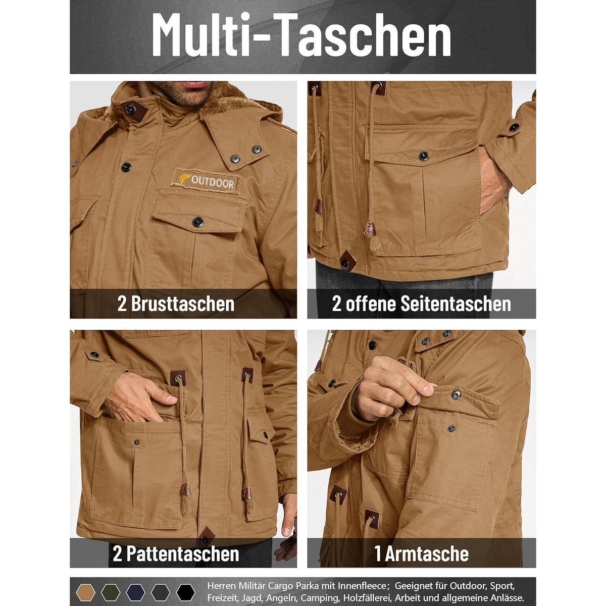 Herren Winterjacke gefüttert Fleece Parka mit Kapuze Khaki L