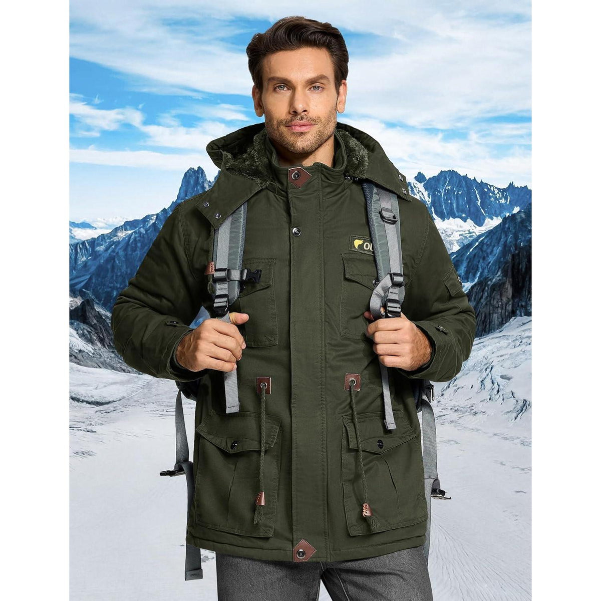Warme Winterjacke Herren mit abnehmbarer Kapuze, Armeegrün
