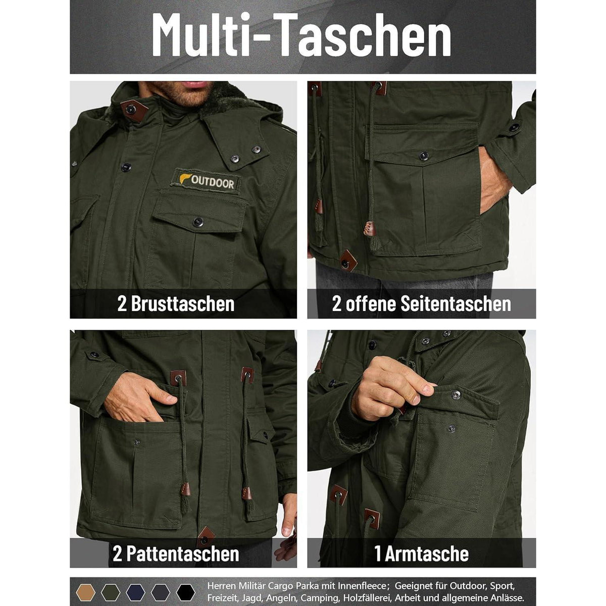 Warme Winterjacke Herren mit abnehmbarer Kapuze, Armeegrün
