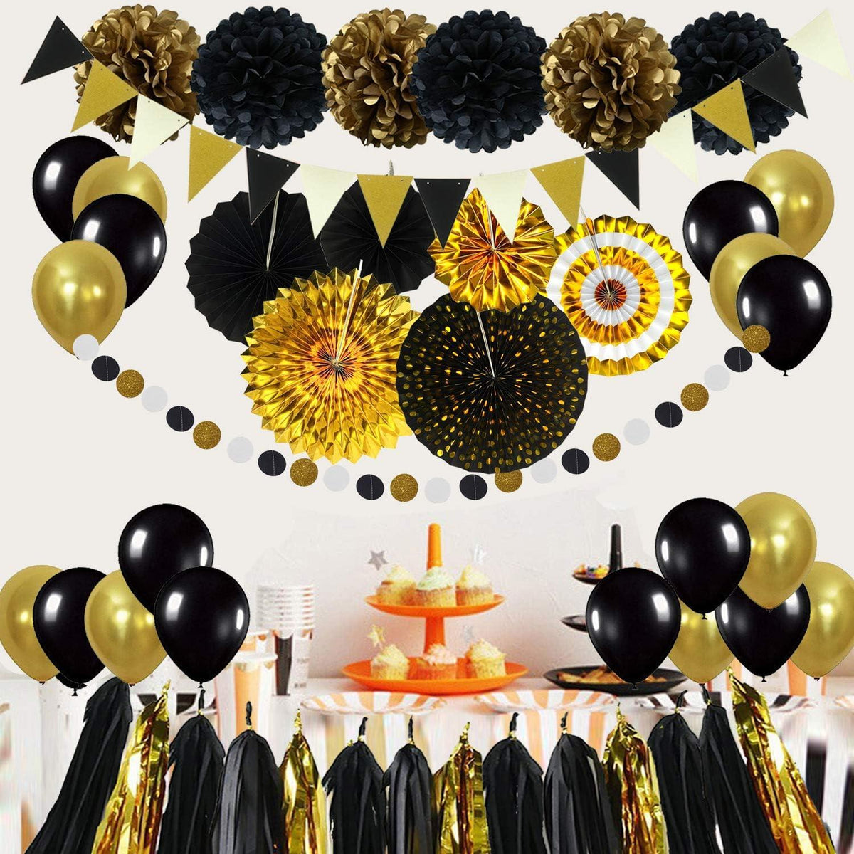 Party Dekoration Set, Schwarz Gold Papier Pompoms Fächer Luftballon - Geburtstag