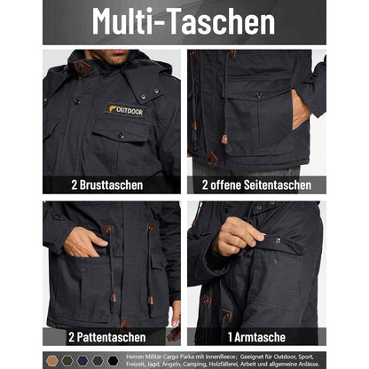 Herren Winterjacke gefüttert Fleece Parka mit Kapuze Grau L