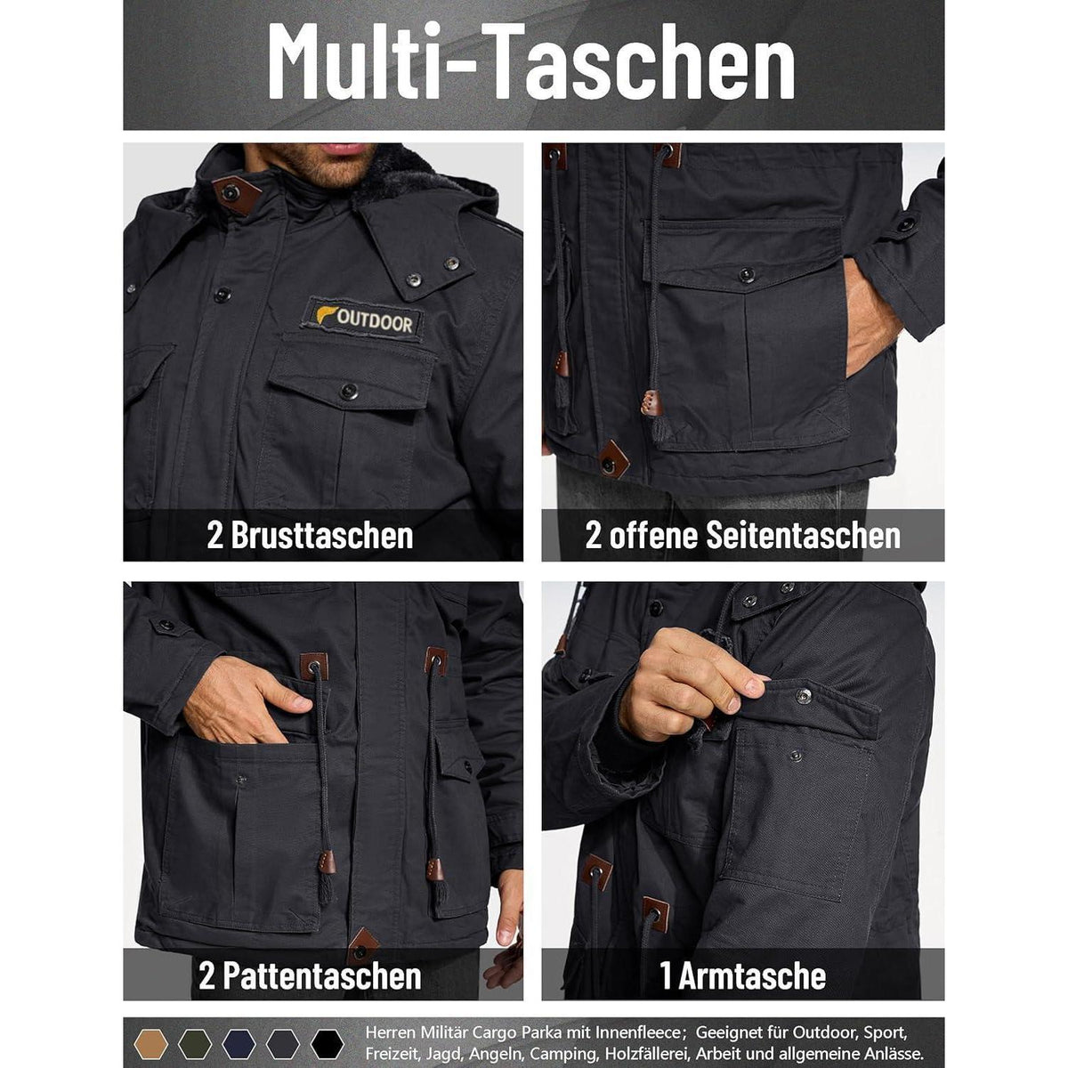 Herren Winterjacke gefüttert Fleece Parka mit Kapuze Grau