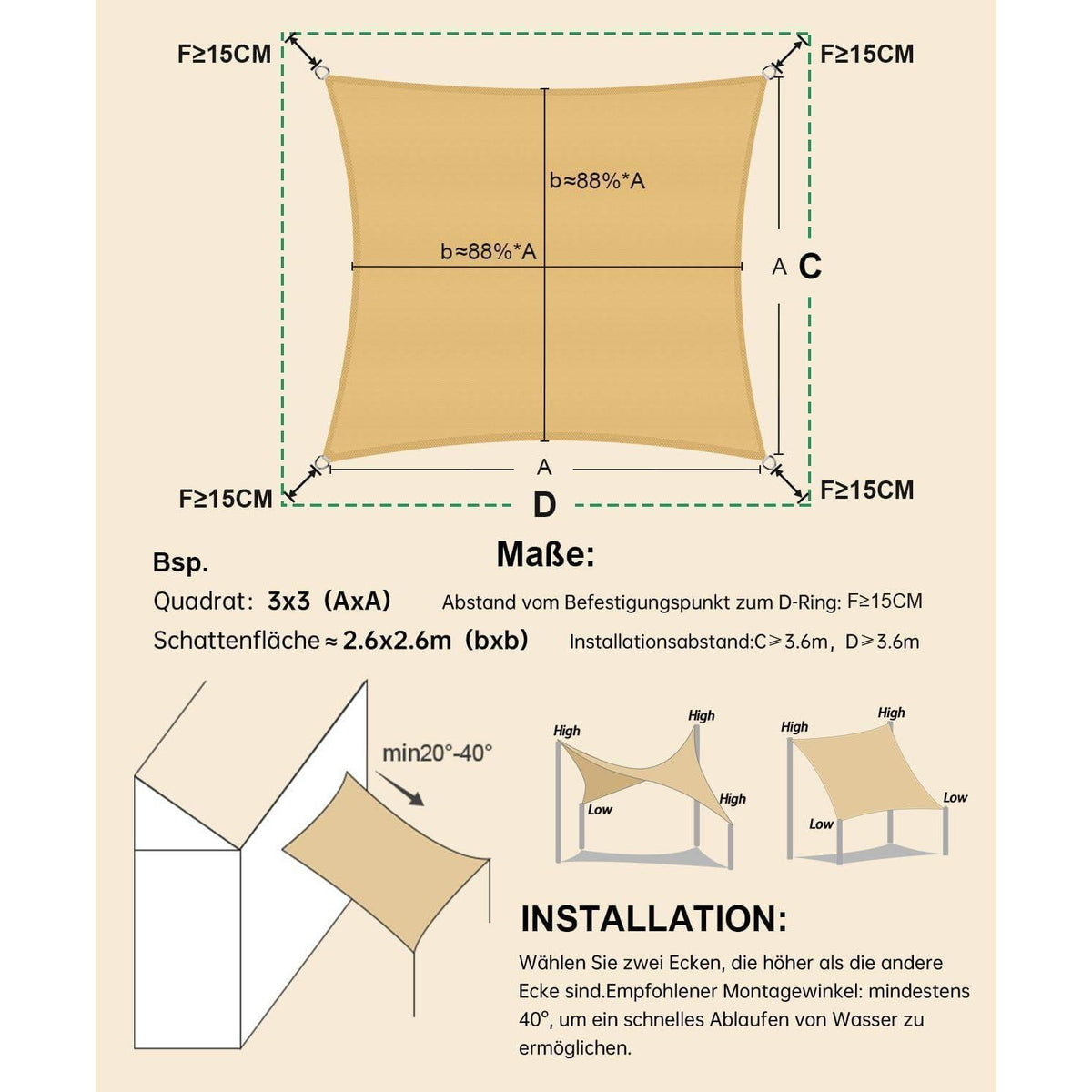 Wasserdichtes Sonnensegel 5x5m Sandbeige UV-Schutz für Garten & Terrasse