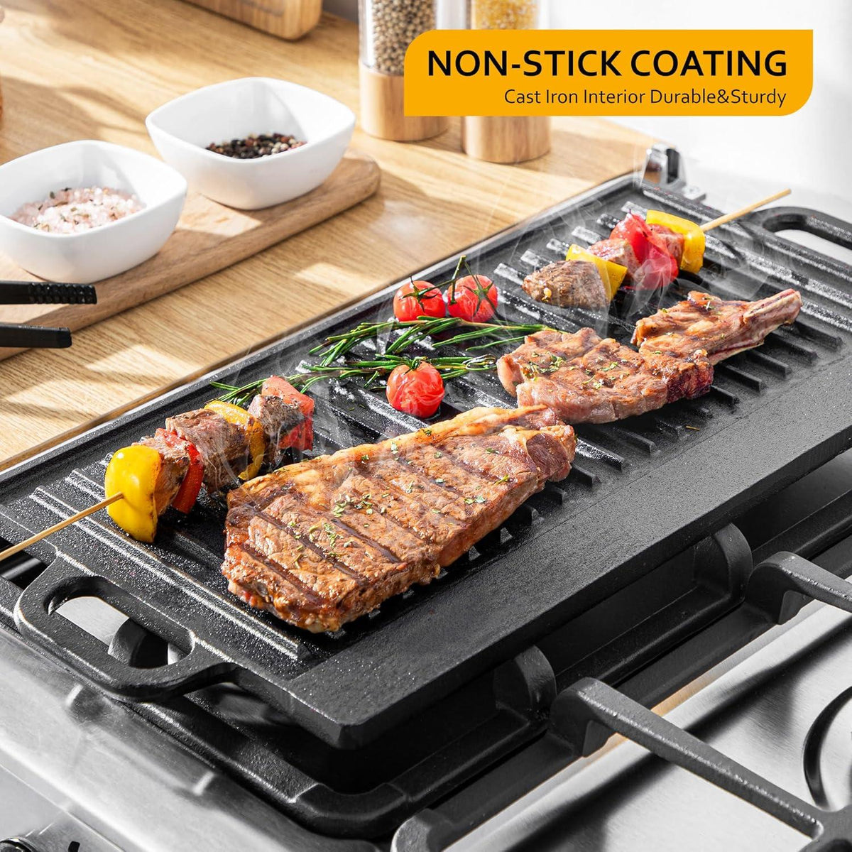 Gusseisen Grillplatte 42x23cm, Doppelseitig verwendbar, BBQ Camping