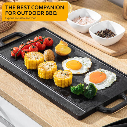 Gusseisen Grillplatte 42x23cm, Doppelseitig verwendbar, BBQ Camping