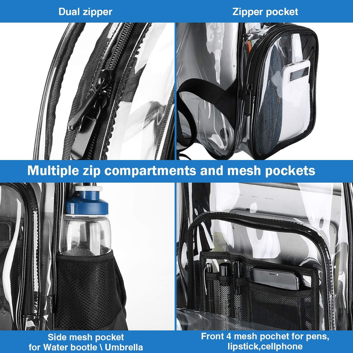 Transparenter PVC-Rucksack Wasserdicht Schule Theater Schwarz