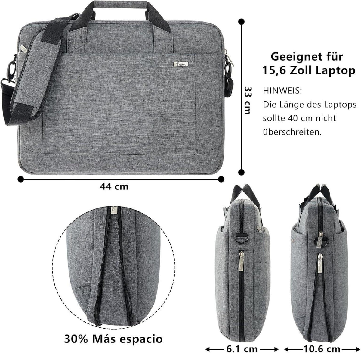 Voova große Laptoptasche 14-16 Zoll Laptop wasserdicht Grau - 30% mehr Kapazität, Innenfächer, kompatibel mit Macbook Dell HP