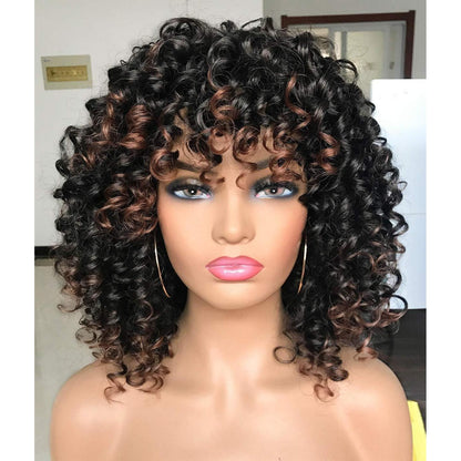 Lockige Afro-Perücke mit Pony – Ombre Braun, Hitzebeständig