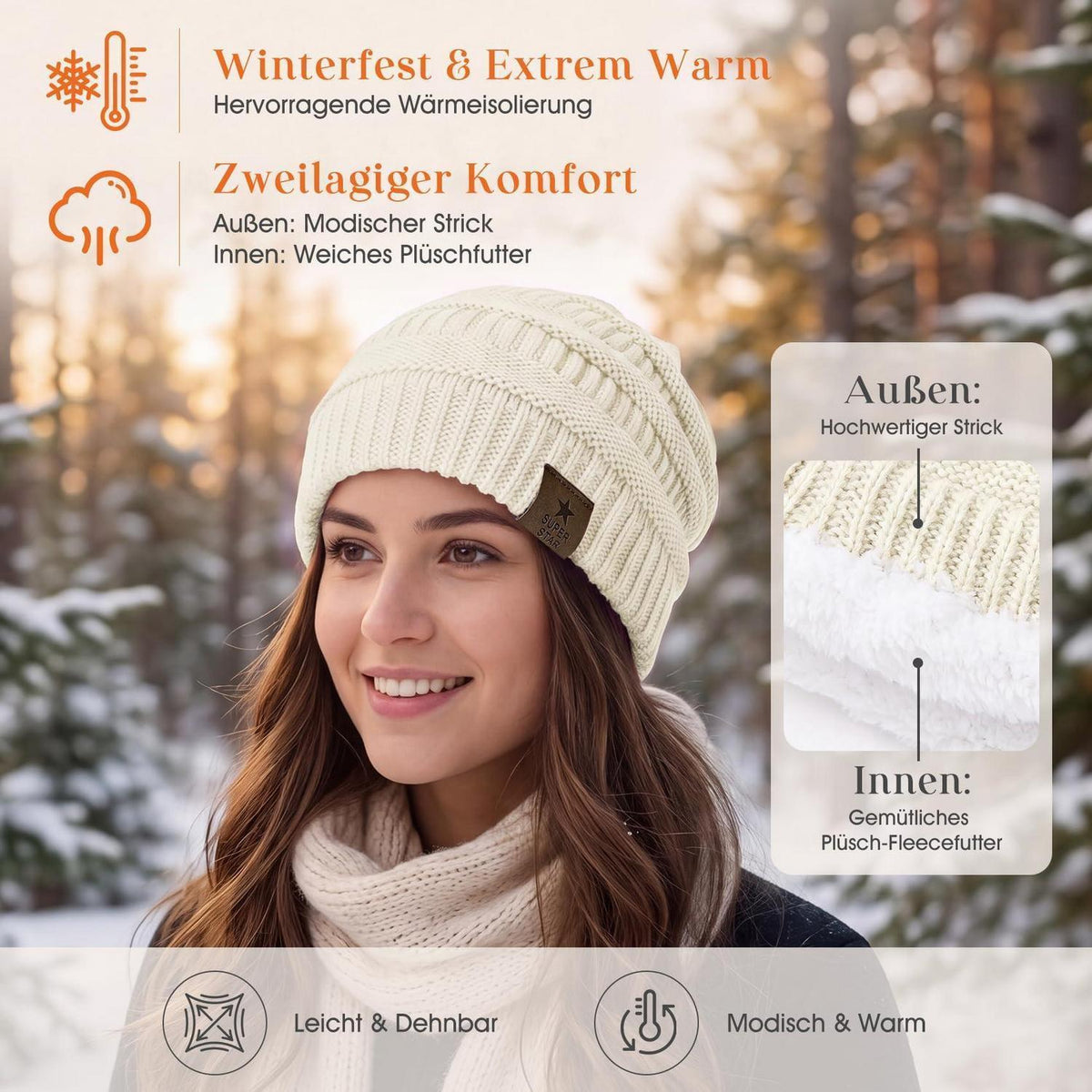 Grobstrick Mütze Damen Winter Beanie mit Futter Elfenbein