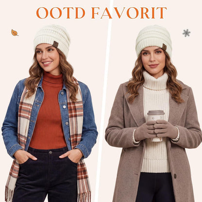 Grobstrick Mütze Damen Winter Beanie mit Futter Elfenbein