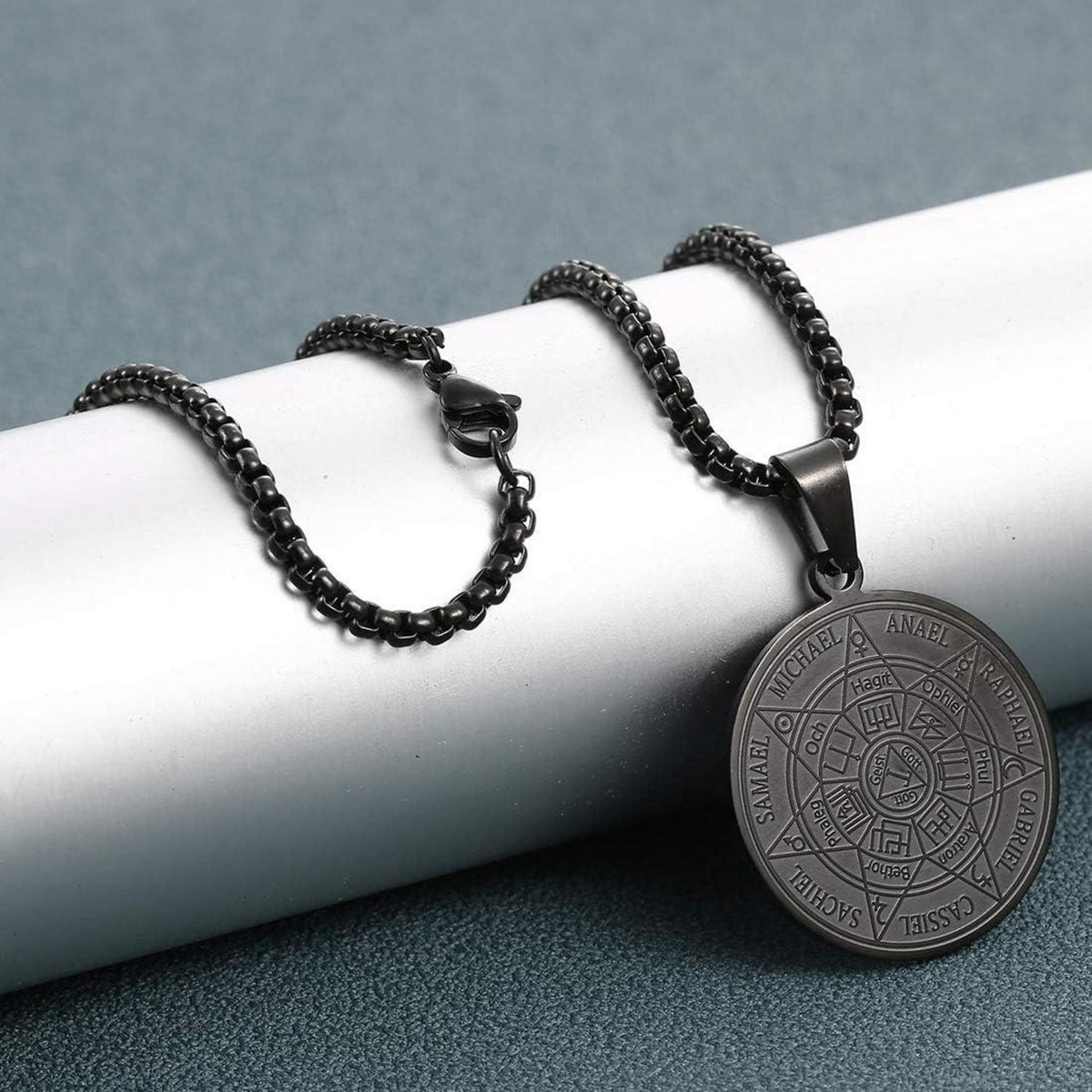 Sieben Erzengel Amulett Edelstahl Kettenanhänger Style2 Noir