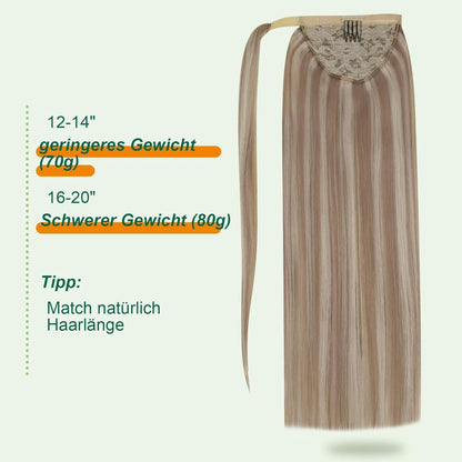 Aschblond Pferdeschwanz Echthaar Extension 50cm mit Platinum Highlights