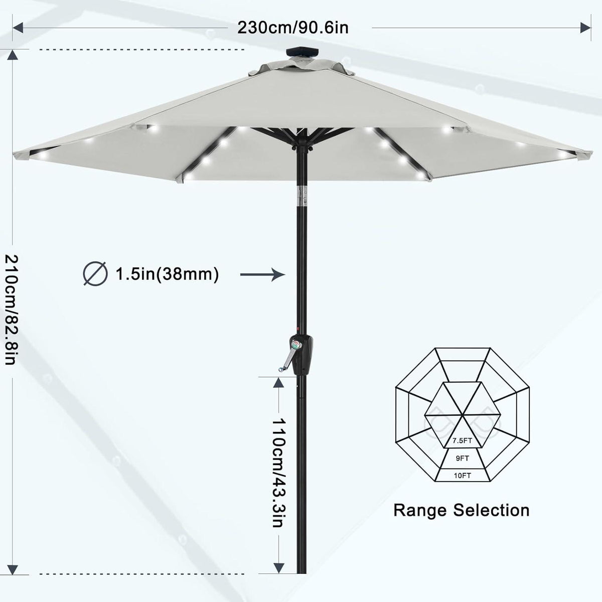 Sonnenschirm 230 cm mit Solar-LED Licht Hellgrau