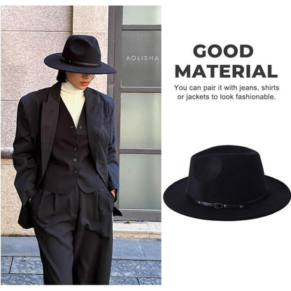 Unisex Fedora Hut aus Wollmischung mit Gürtelschnalle – Schwarz