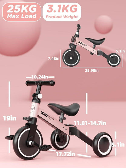 Kinder Dreirad Laufrad Verstellbarer Sitz Abnehmbares Pedal Pink