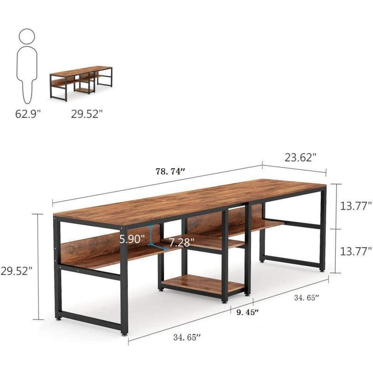 Doppel-Schreibtisch 200cm | Rustikaler Bürotisch für 2 Personen mit Regalen