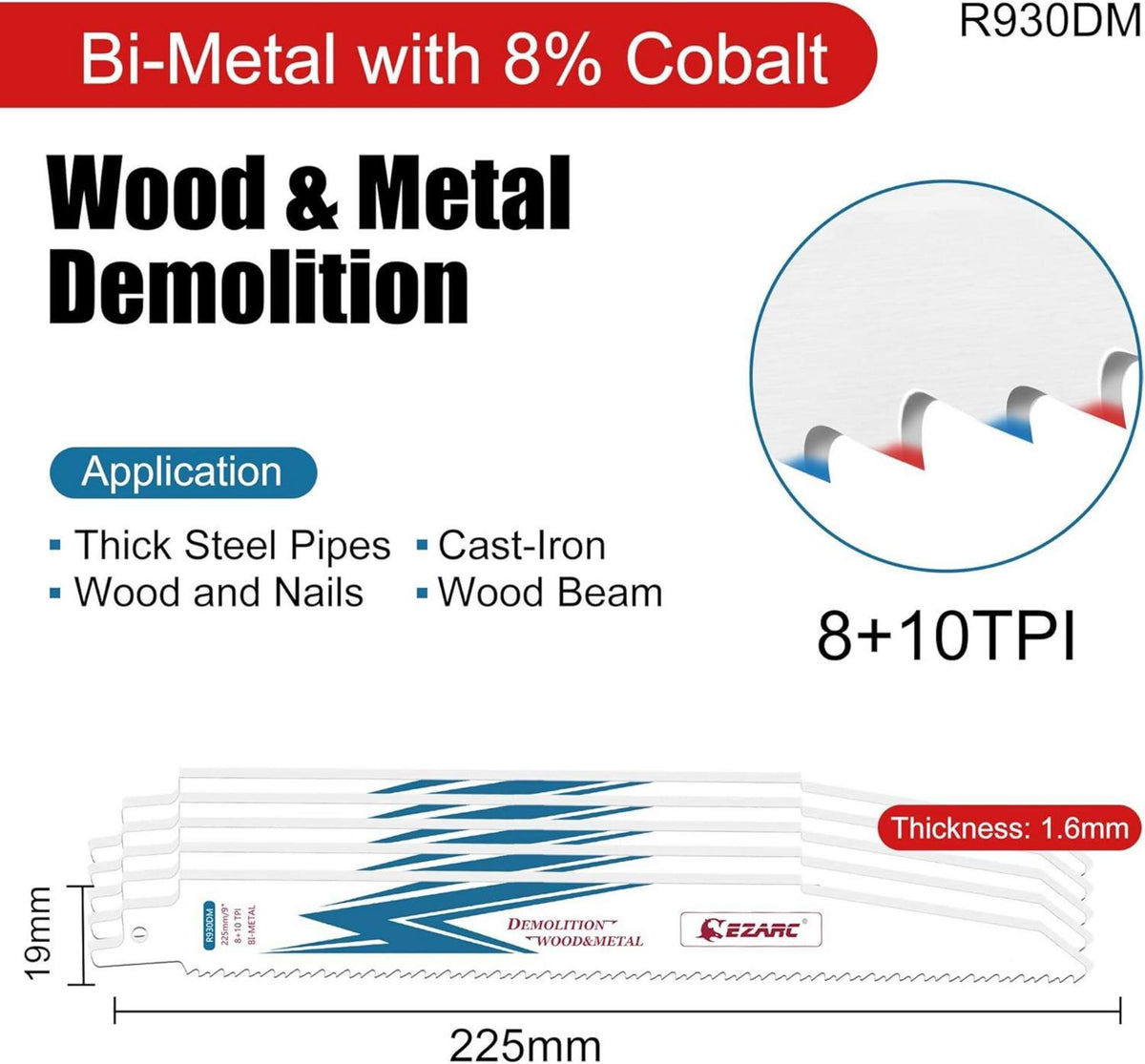 Säbelsägeblätter 225mm 8+10TPI 5 Stück für Holz und Metall
