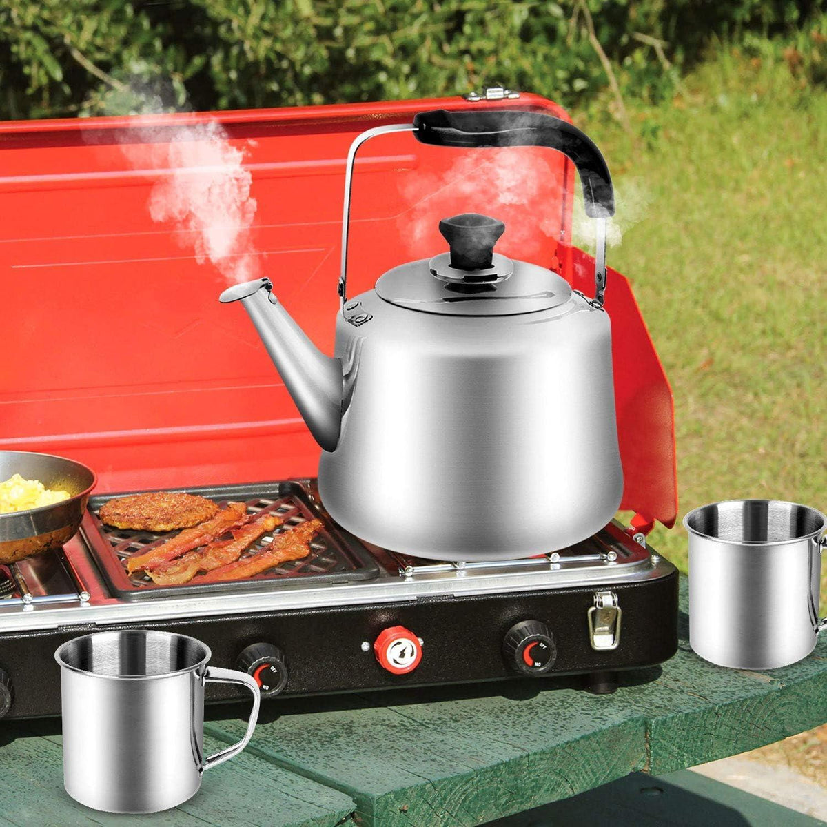 Odoland Camping Teekessel Set 3L Wasserkocher 4 Edelstahlbecher Outdoor Geschirr
