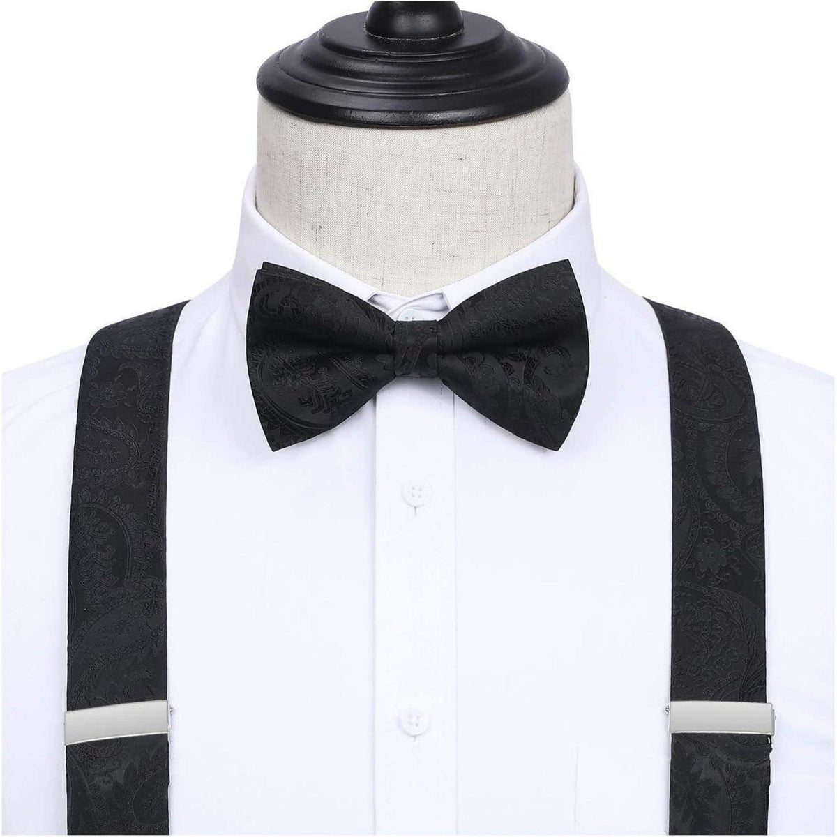Herren Hosenträger Set mit Fliege & Einstecktuch – Y-Form, 6 Clips, Paisley Schwarz